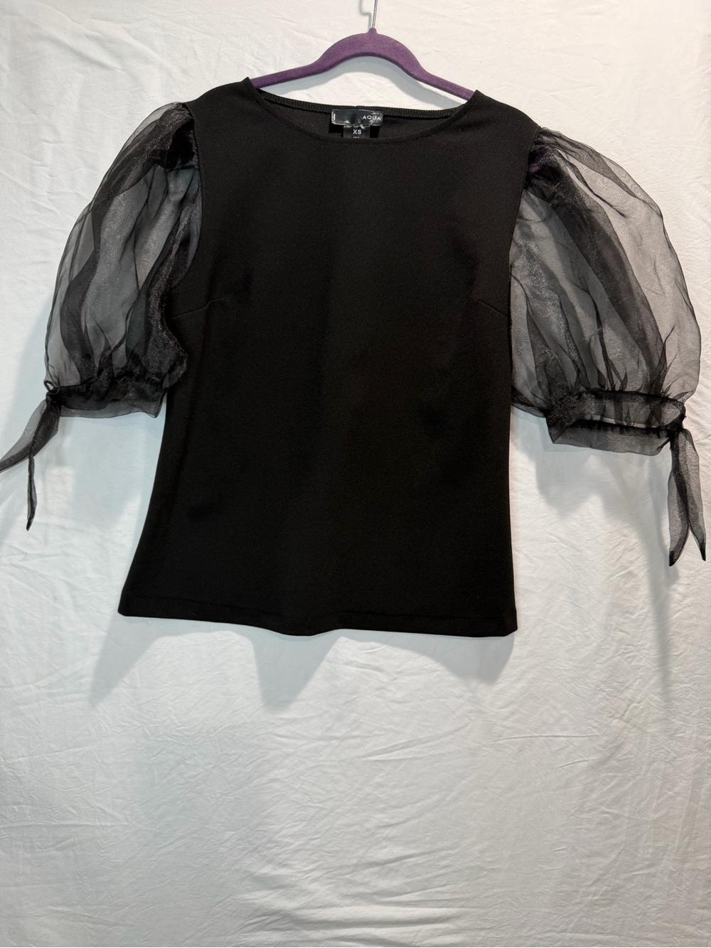Aqua Black Puff-Sleeve Sheer Organza Top